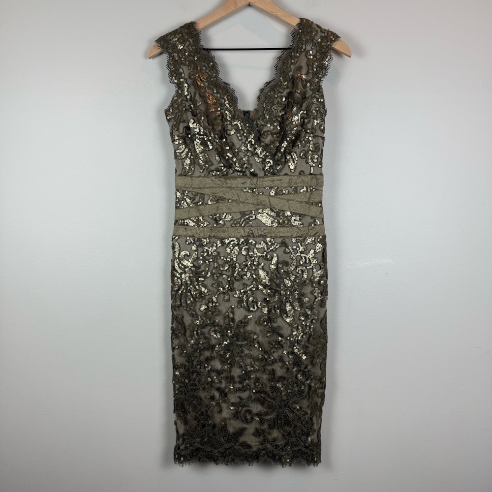 Tadashi Shoji Sheath Dress Women's 0 Brown Sequin Sleeveless Party Cocktail Glam